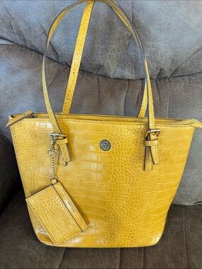 Anne Klein Mustard Yellow Croc-Embossed Tote with Card Holder
